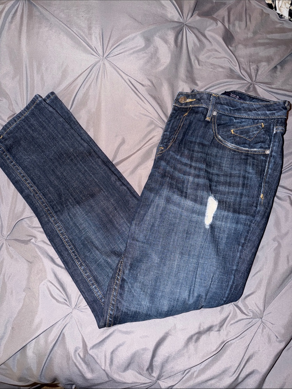 Vigoss Women's Dark Blue Straight Leg Jeans with Distressed Patches